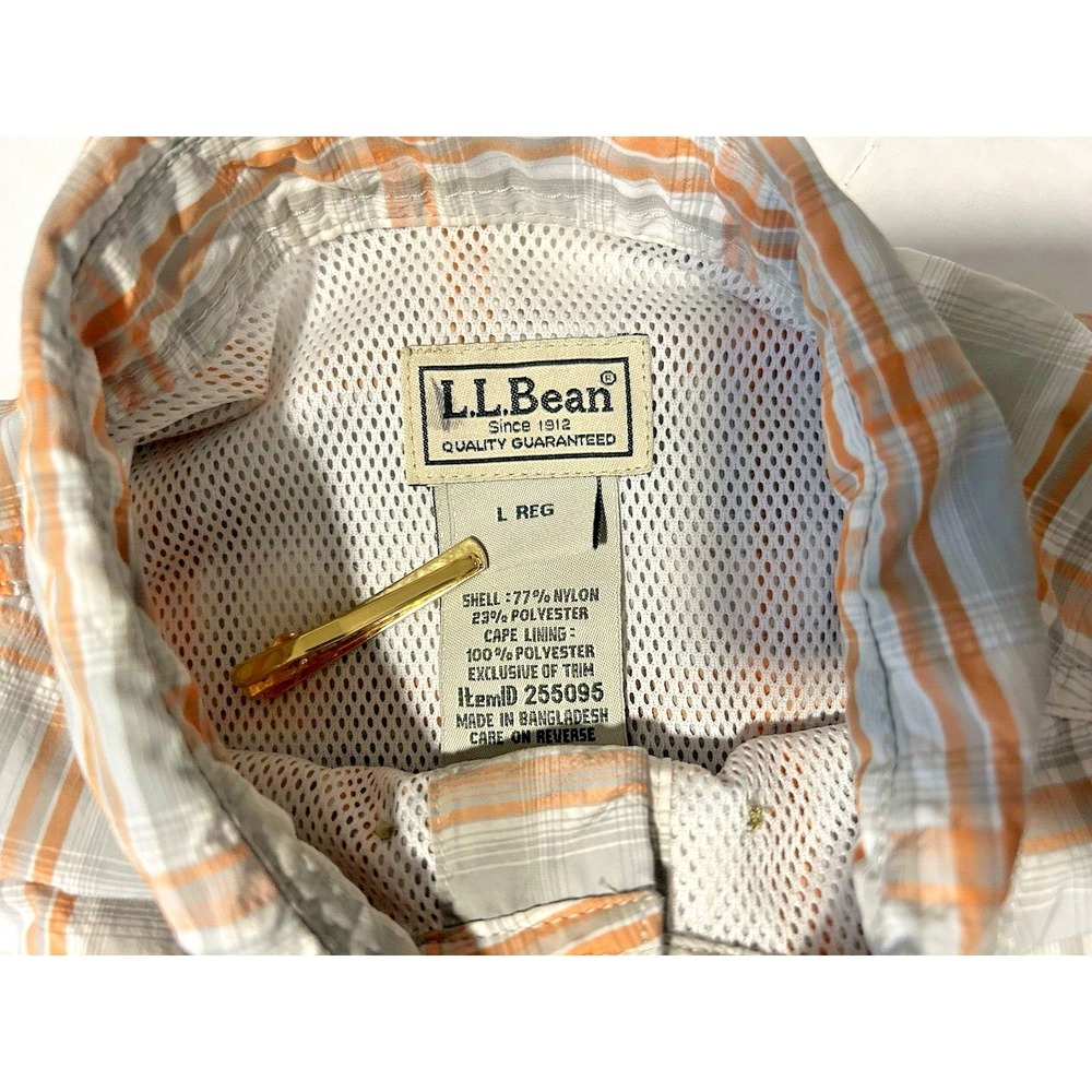 LL Bean Short Sleeve Button Up Fishing Shirt‎ Orange Gray Plaid L REG 255095 - Picture 3 of 3